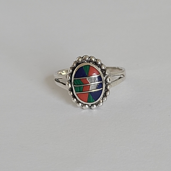 Vintage Boho Navajo Sterling Silver Inlaid Coral Lapis Malachite Mosaic Ring 5 - Picture 4 of 13